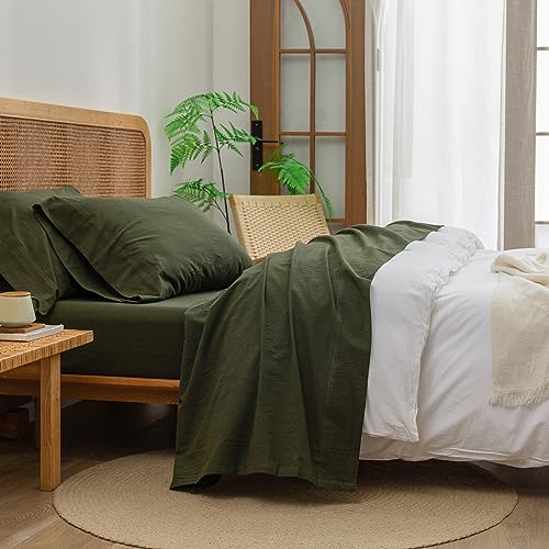 Queen Size Washed Cotton Linen Feel Sheet Set - Olive Green, 4 Pieces