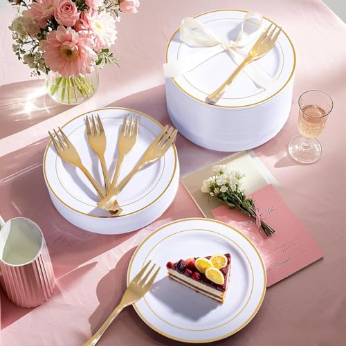 120 Pcs Disposable Dessert Plates with Gold Rim & Forks Set - 6.3 Inch for Weddings & Parties