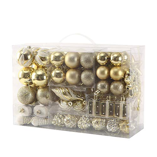 Golden 76ct Christmas Tree Ornaments Set - Shatterproof Plastic Holiday Balls & Assorted Decorations (Sattiyrch, Golden)
