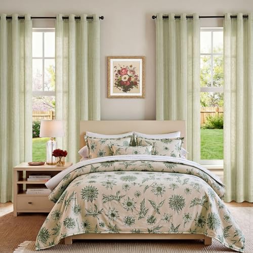 Jinchan Linen Curtains 50W x 84L Sage Green Stripe Grommet Panel Set - Farmhouse Style
