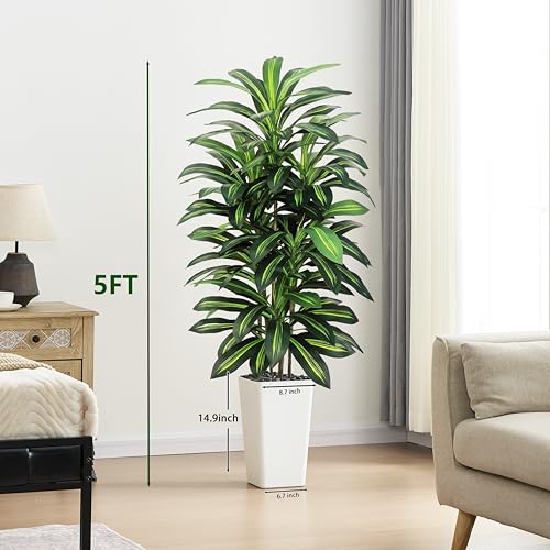 White 5FT Artificial Dracaena Tree Indoor Outdoor Faux Plant with Planter
