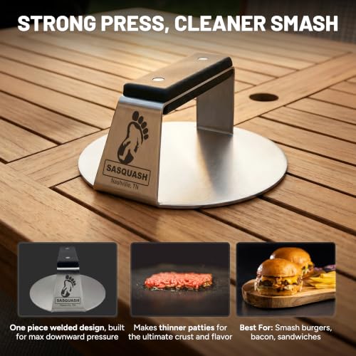 6 Inch Fully Welded Smash Burger Press - Flat Handle Control, Heavy-Duty Steel