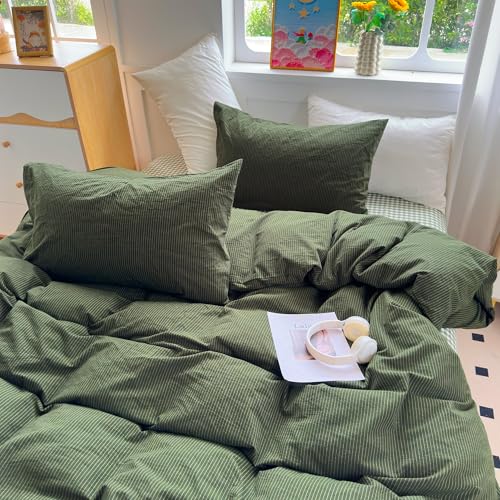 PinkMemory Green Striped Duvet Cover Set Queen Full 3pcs Olive Green Cotton