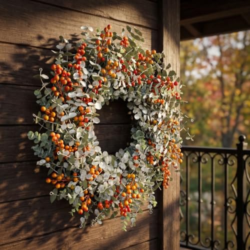 24-Inch Fall Eucalyptus Wreath with Orange Berries - Front Door Decor