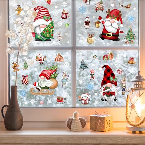 Christmas Gnomes Wall Stickers Decals - 12 Sheets Snowflake Vinyl Winter Gnome Decor