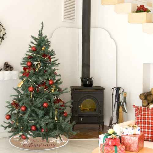 MACTING Small Christmas Tree Skirt, 23 inch Farmhouse Burlap Snowflake Tree Mat with Buffalo Plaid Merry Christmas Printed for Holiday Party Indoor Home Xmas Decorations