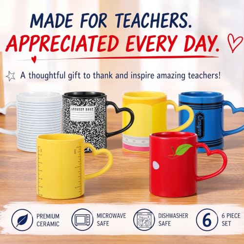 Back to School Colorful Teacher Mug Set of 6 - 10oz Ceramic Coffee Cups with Heart Handles
