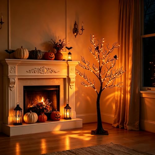 Black Halloween Tree with Lights - 4ft Spooky Indoor Outdoor Decor with 150 Orange Fairy Lights - Variation: Black 150L Tree