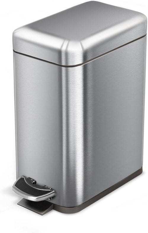 Home Zone Living 1.3 Gallon Stainless Steel Trash Can - Slim Design with Lid & Step Pedal | Silver, 5 Liters