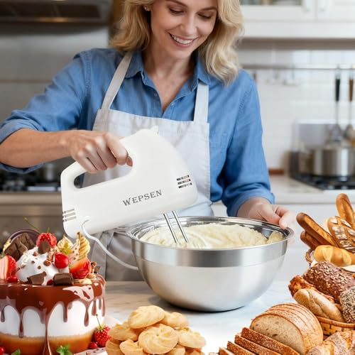 WEPSEN White Hand Mixer with 4 Stainless Steel Bowls & Measuring Sets — 200W Kitchen Baking Appliance