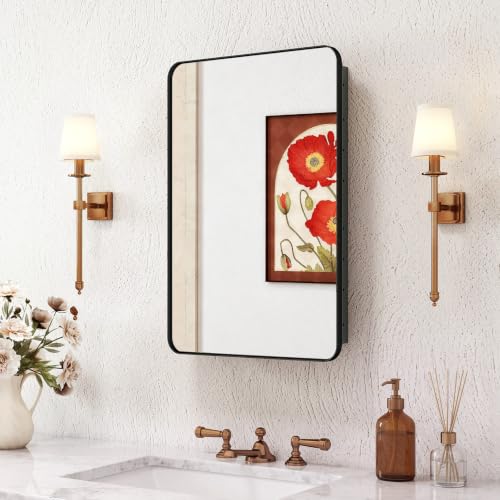 16x24 Inch Recessed or Surface Mount Medicine Cabinet with Mirror - Matte Black, Reversible Door