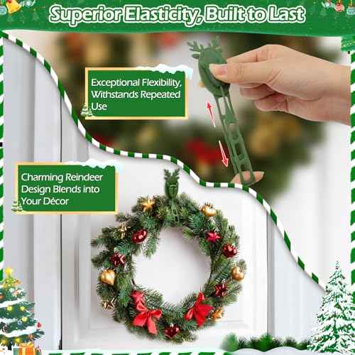 12 PCS Christmas Garland Hangers with Locking Buckle, Reindeer Design Adhesive Hooks for Stair Railing Fireplace Mantle Door, Reusable Silicone Stocking & Ornament Holders, Green (Deer, 12)