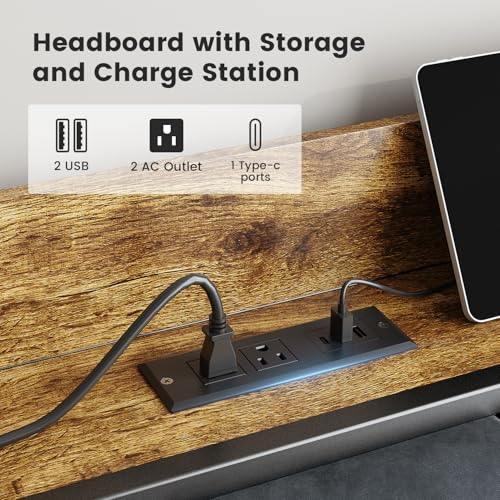 Twin Size Bed Frame with USB Charging Station & Smart LED Lights - Gray Upholstered Headboard