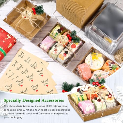50 Pack Christmas Charcuterie Boxes with Clear Lids, Pine Cones & Thank You Stickers
