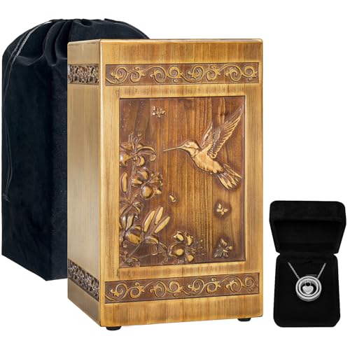 Hummingbird Carved Wooden Urn for Ashes - Large Cremation Memorial Box for Adults, with Velvet Bag & Necklace
