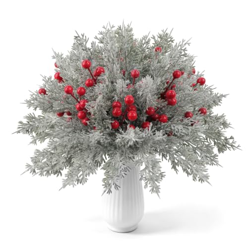 Snowy Green & Red Christmas Pine Branches with Berries - 60 Pcs Artificial Snow-Flocked Decor