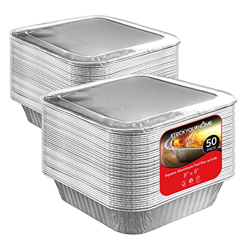 Disposable 8-Inch Square Aluminum Foil Pans with Lids - 50 Pack
