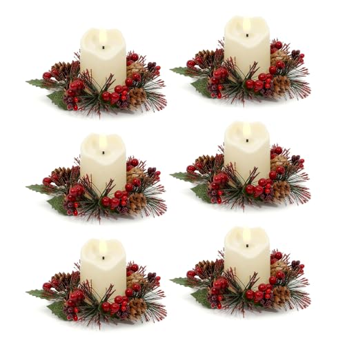 Ringwreath-6pc Candle Ring Wreaths for Tables, Faux Pine Cones, 6.5cm dia, Flameless Compatible (MERRI GLOW)
