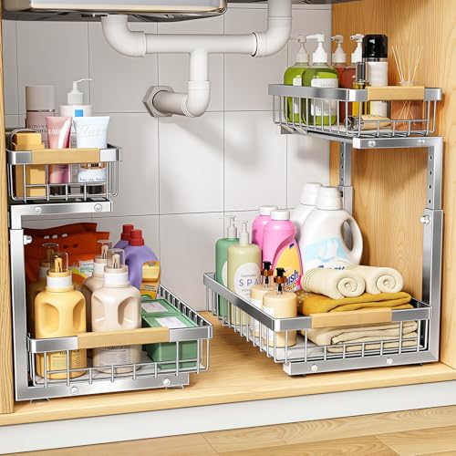 PXRACK Large Silver Under Sink Organizer 2-Tier Adjustable Pull-Out Cabinet Storage