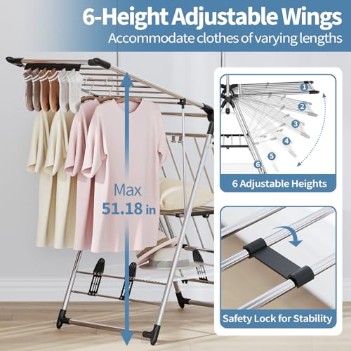 APEXCHASER Clothes Drying Rack with High Hanger - Silver, 2 Wings, 3-Level Adjustable