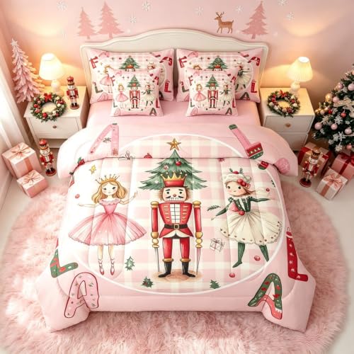 Pink Christmas Bed in a Bag Queen 7-Piece Comforter Set with Sheets – Nutcracker Theme