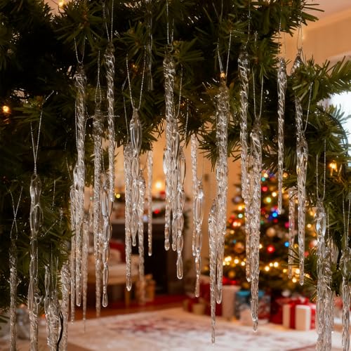 OuMuaMua 32-Piece Clear Handmade Glass Icicle Christmas Ornaments with Variations