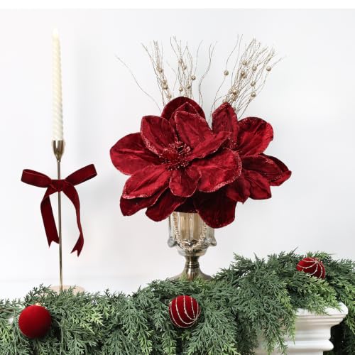 8PCS Burgundy Christmas Magnolia Flowers - Large 12-Inch Holiday Tree Decor