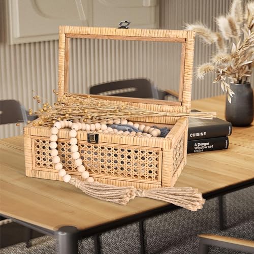 Natural Rattan Decorative Storage Box with Glass Lid Set of 2 - 12.2" x 7" x 5.1"