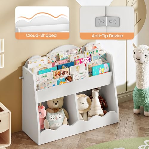 Kids Cloud Bookcase & Toy Storage - White Kids Room Organizer with 2 Toy Bins