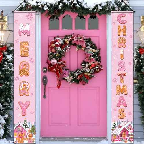 Lenyunge Gingerbread Christmas Porch Sign Banner Decoration,Pink Merry Christmas Supplies Gingerbread House Candy Front Door Banner Decoration for Christmas Holiday Wall Door Sign Party Decor