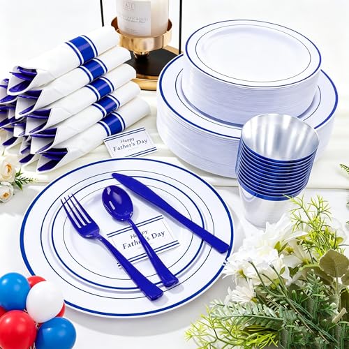 Blue Plastic Dinnerware Set for 50 Guests - 350 Pieces, Includes Plates Cups Utensils Napkins - Variation of THIS listing