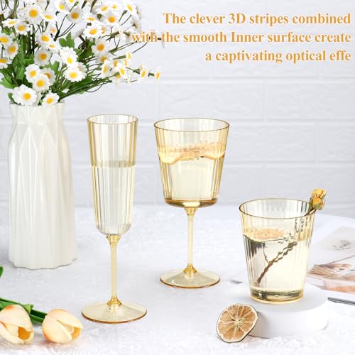 SHIQIKEJIPTY 48 Pack Gold Detachable Ribbed Champagne Glasses - 5.5 oz Plastic Flutes