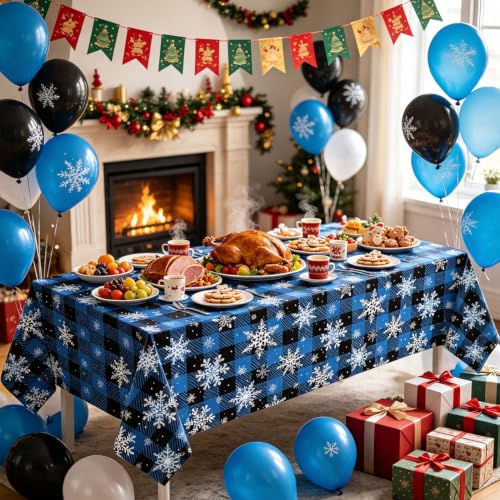 4 Pack Christmas Checkered Snowflake Tablecloths Blue & Black Buffalo Plaid 51 x 86"