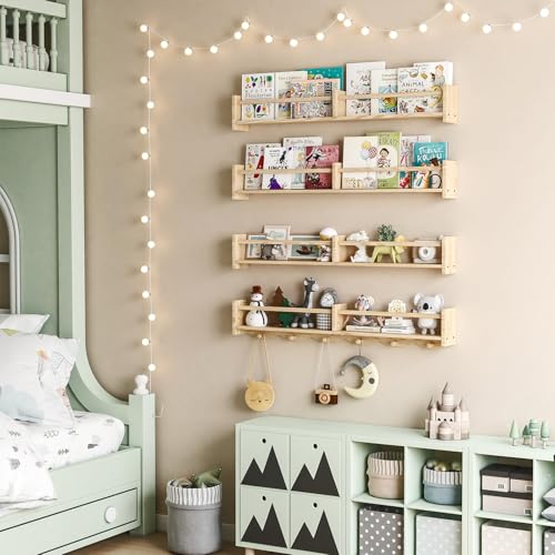 34-Inch Kids Wall Shelves Set of 4 with Hooks - Baby Nursery Room Decor - Burlywood Variation