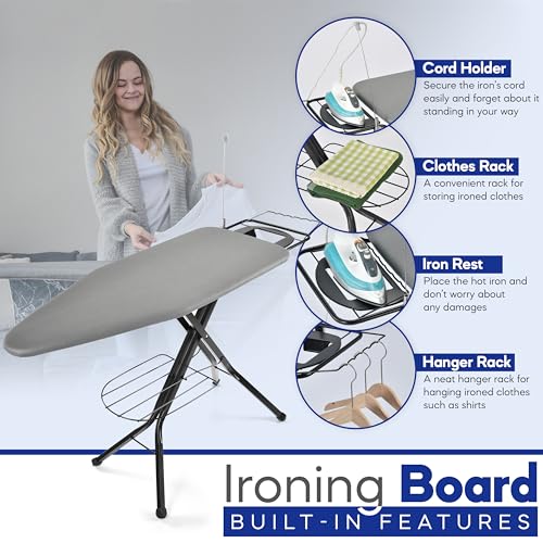 BKTD Extra-Wide Ironing Board 48x18 with Built-In Clothes Rack & Iron Rest