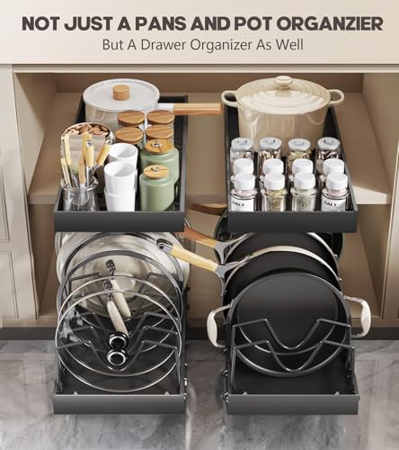 Lozovin Pull Out Pot and Pan Organizer with 8 Adjustable Dividers, 2 Pack - Under Cabinet Sliding Lid and Bakeware Rack, Black