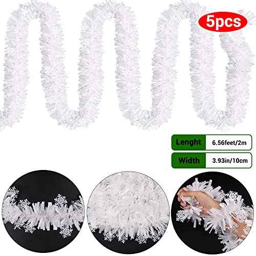 DIYDEC 5pcs 33ft Christmas Tinsel Garlands,Xmas White Glittering Hanging Tinsel Garland Metallic for Christmas Party Decoration