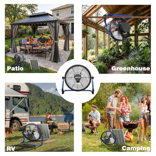 Blue 14-Inch Solar Powered Fan with Metal Blades & Quiet Brushless Motor - Rechargeable Battery, Portable for Home, RV, Camping, Greenhouse