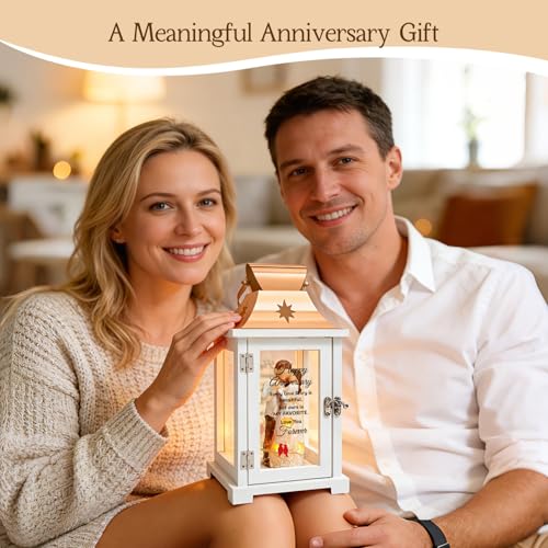 Anniversary Lantern Gift for Couples and Parents - Romantic LED Candle, 12.6x6.3 Inches, Rose Gold & Wood