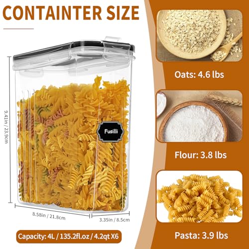 6 Pack Airtight Cereal Containers Set with Lids, Pour Spouts & Labels - 4L