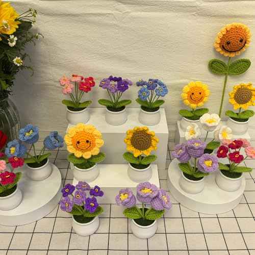 Crochet Flowers Bouquet Knitted Flowers for Home Office Desk Decorations, Christmas Stocking Stuffers Birthday Gifts for Women Teacher Coworkers Mom Sister Friends, Purple