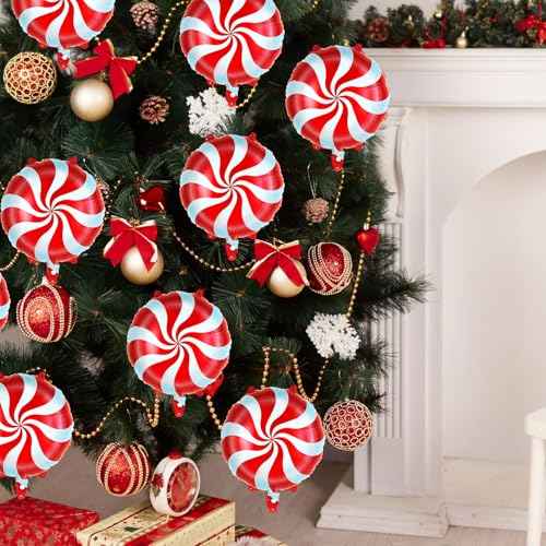 12 Pcs Red Candy Balloons, Christmas Foil Balloons, Large Candy Swirl Mylar Balloon Kit for Christmas Party Birthday Candy Themed Party Decorations