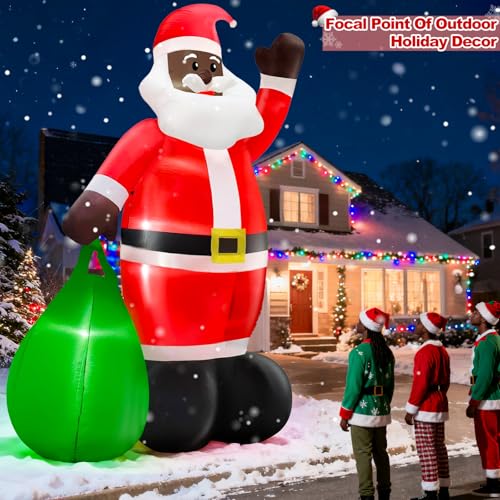 TURNMEON 14 Ft Black Santa Inflatable with Gift Bag, Built-in LEDs - African American Xmas Yard Decoration