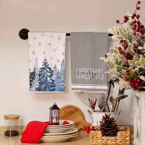 ARKENY Christmas Kitchen Towels Set of 2,Blue Xmas Tree Snowflake Dish Towels 18x26 Inch Drying Dishcloth,Farmhouse Home Decoration AD136