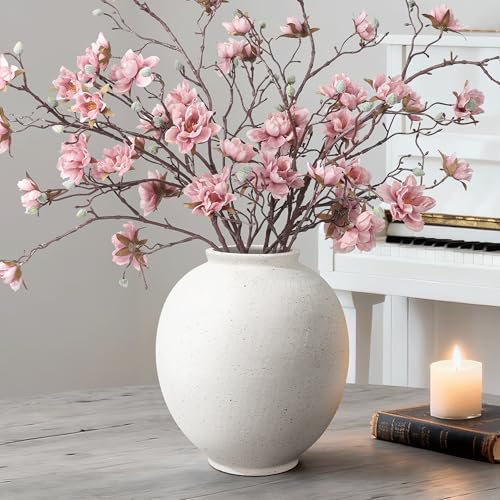 Large White Ceramic Vase - 9.8 Inch Rustic Farmhouse Flower Pot with Sandstone Texture - Indoor Table & Floor Decor - Variation: White