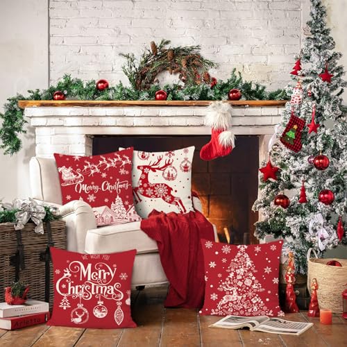 Bonhause Red Christmas 18x18 Inch Pillow Covers Set of 4 – Reindeer & Snowflake Holiday Cushion Covers (Hidden Zipper)