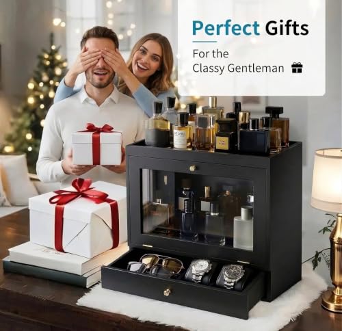 Large Capacity Wooden Cologne Organizer with Dustproof Acrylic Door and Drawer for Men