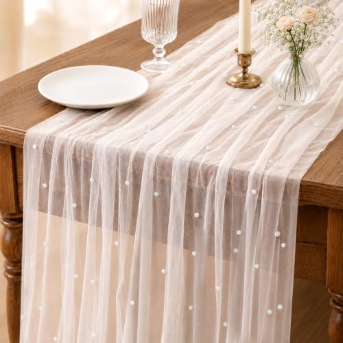 4 Pcs Pearl White Tulle Table Runners 29x72in for Weddings - APUDWN