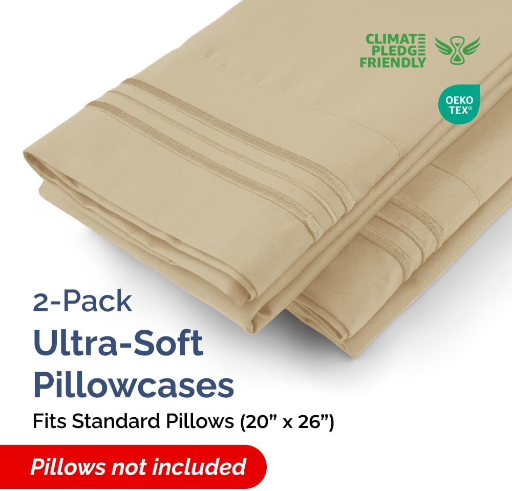 Standard Pillow Cases Set of 2 | Ultra-Soft Hotel Quality Covers - Comfy, Wrinkle-Free & Stain Resistant - Beige
