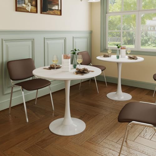 White Small Dining Table with MDF Top & Metal Pedestal Base - Space-Saving Mid-Century Modern Design